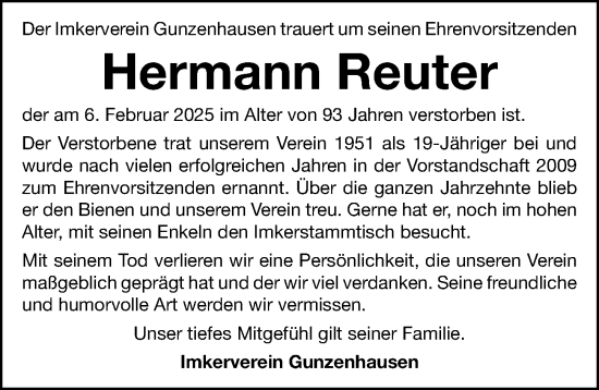 Traueranzeige von Hermann Reuter von Altmühl-Bote Lokal