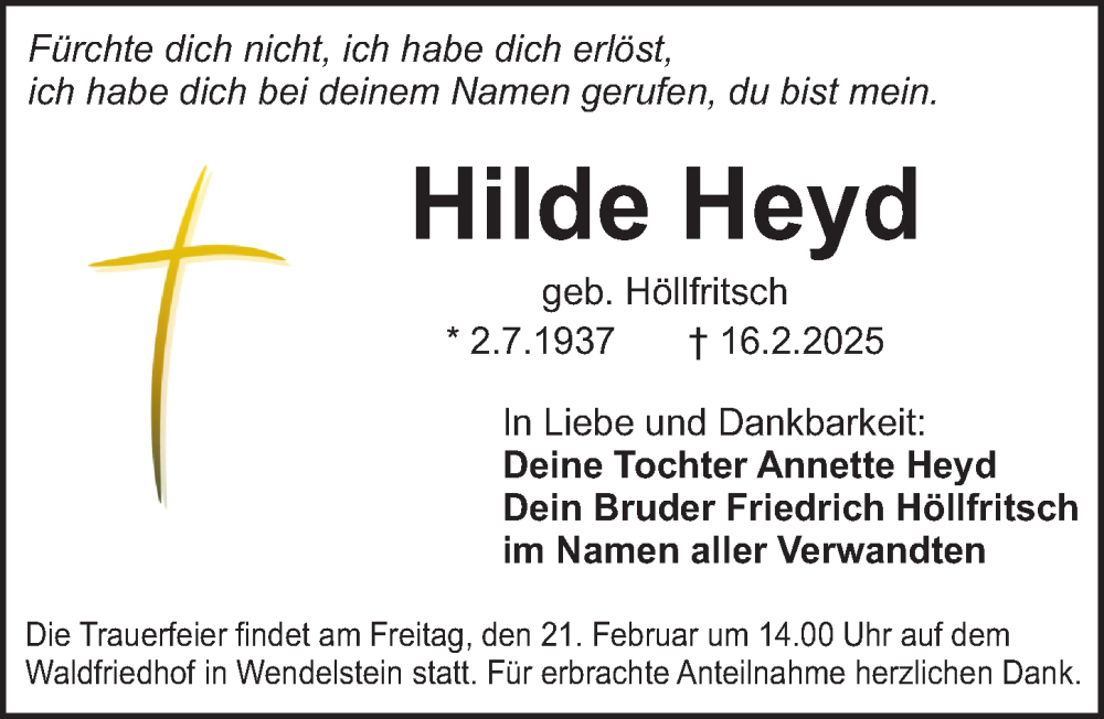  Traueranzeige für Hilde Heyd vom 19.02.2025 aus Schwabacher Tagblatt Lokal