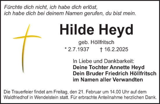 Traueranzeige von Hilde Heyd von Schwabacher Tagblatt Lokal