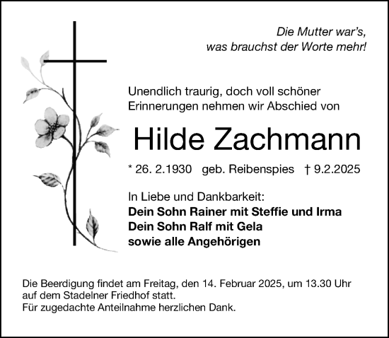 Traueranzeige von Hilde Zachmann von Fürther Nachrichten Lokal