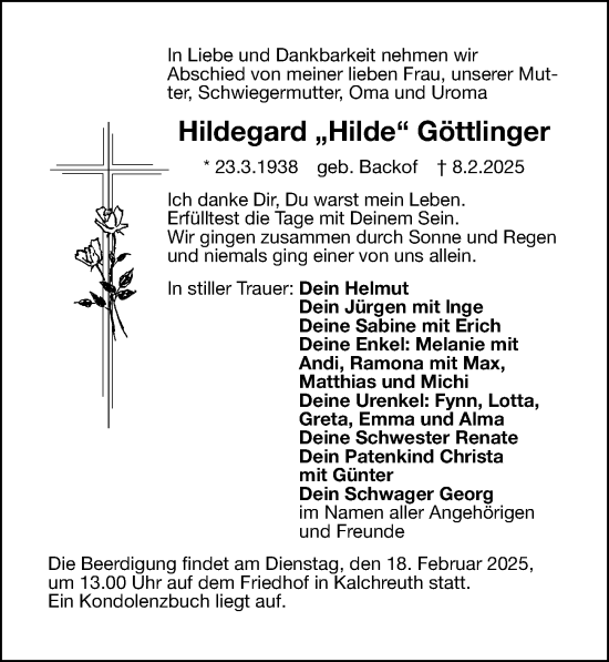 Traueranzeige von Hildegard Göttlinger von Gesamtausgabe Nürnberger Nachrichten/ Nürnberger Ztg.