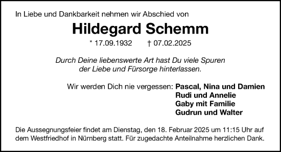 Traueranzeige von Hildegard Schemm von Gesamtausgabe Nürnberger Nachrichten/ Nürnberger Ztg.