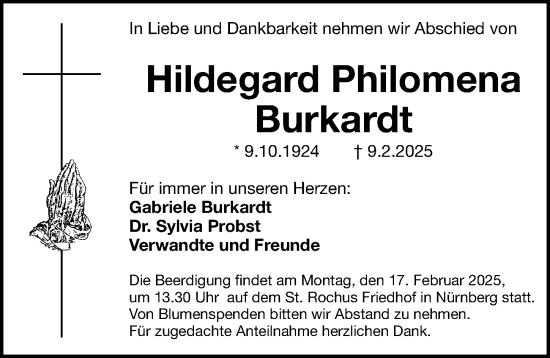 Traueranzeige von Hildegard Philomena Burkardt von Gesamtausgabe Nürnberger Nachrichten/ Nürnberger Ztg.