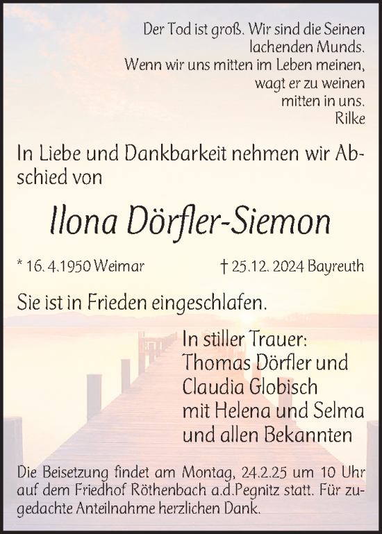 Traueranzeige von Ilona Dörfler-Siemon von Gesamtausgabe Nürnberger Nachrichten/ Nürnberger Ztg.