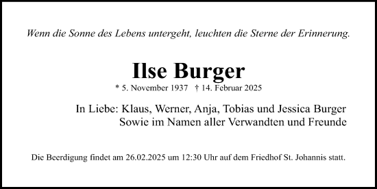 Traueranzeige von Ilse Burger von Gesamtausgabe Nürnberger Nachrichten/ Nürnberger Ztg.