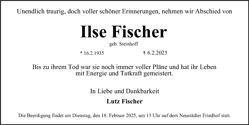  Traueranzeige für Ilse Fischer vom 12.02.2025 aus Erlanger Nachrichten Lokal