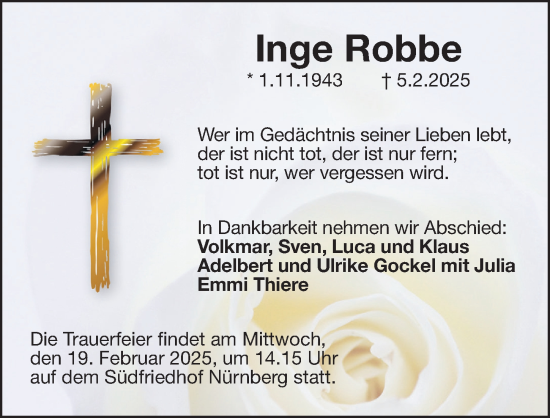 Traueranzeige von Inge Robbe von Gesamtausgabe Nürnberger Nachrichten/ Nürnberger Ztg.