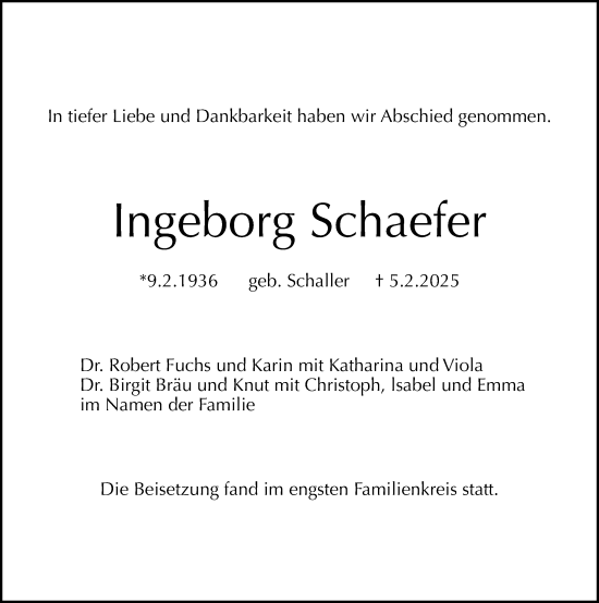 Traueranzeige von Ingeborg Schaefer von Gesamtausgabe Nürnberger Nachrichten/ Nürnberger Ztg.