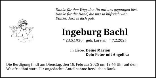 Traueranzeige von Ingeburg Bachl von Gesamtausgabe Nürnberger Nachrichten/ Nürnberger Ztg.