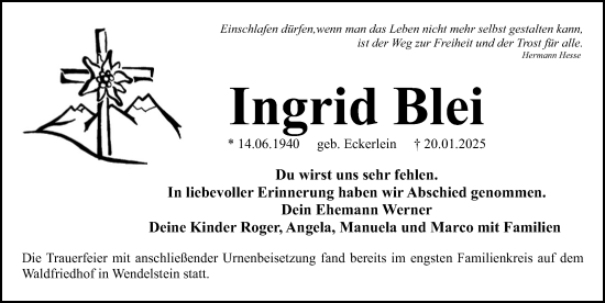 Traueranzeige von Ingrid Blei von Schwabacher Tagblatt Lokal