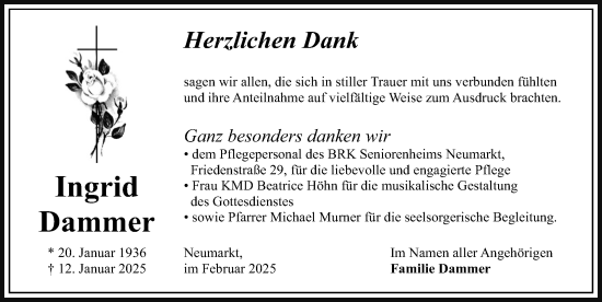 Traueranzeige von Ingrid Dammer von Neumarkter Nachrichten Lokal