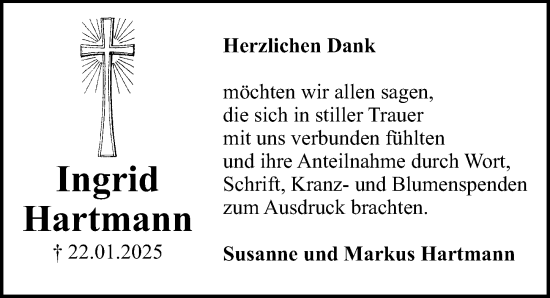 Traueranzeige von Ingrid Hartmann von Gesamtausgabe Nürnberger Nachrichten/ Nürnberger Ztg.