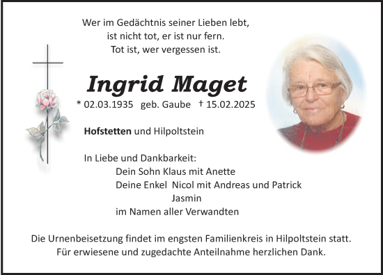 Traueranzeige von Ingrid Maget von Gesamtausgabe Nürnberger Nachrichten/ Nürnberger Ztg.