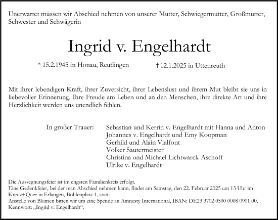 Traueranzeige von Ingrid v. Engelhardt von Gesamtausgabe Nürnberger Nachrichten/ Nürnberger Ztg./ Erlanger Nachrichten