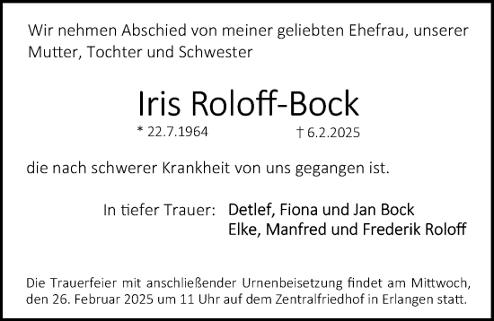 Traueranzeige von Iris Roloff-Bock von Erlanger Nachrichten Lokal