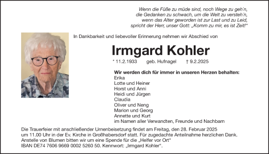 Traueranzeige von Irmgard Kohler von Fürther Nachrichten Lokal