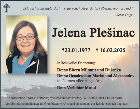 Traueranzeige von Jelena Plesinac von Gesamtausgabe Nürnberger Nachrichten/ Nürnberger Ztg.