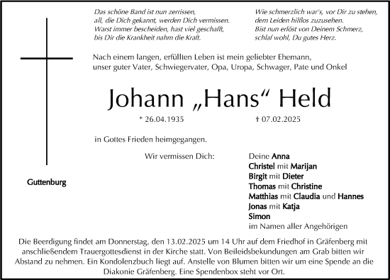 Traueranzeige von Johann Held von Nordbayerische Nachrichten Forchheim Lokal