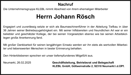 Traueranzeige von Johann Rösch von Neumarkter Nachrichten Lokal