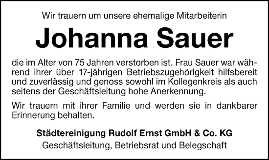 Traueranzeige von Johanna Sauer von Altmühl-Bote Lokal