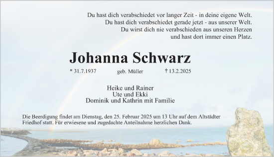 Traueranzeige von Johanna Schwarz von Erlanger Nachrichten Lokal