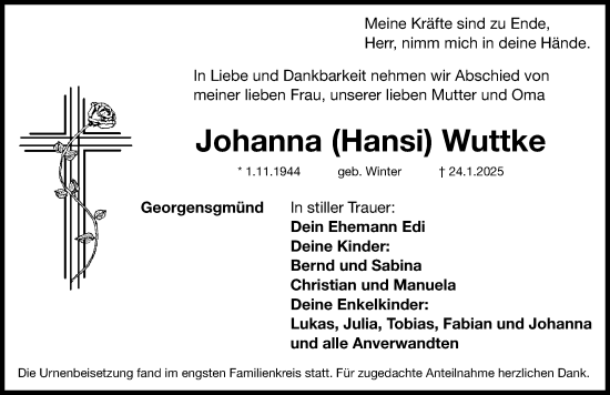 Traueranzeige von Johanna Wuttke von Roth-Hilpoltsteiner Volkszeitung Lokal