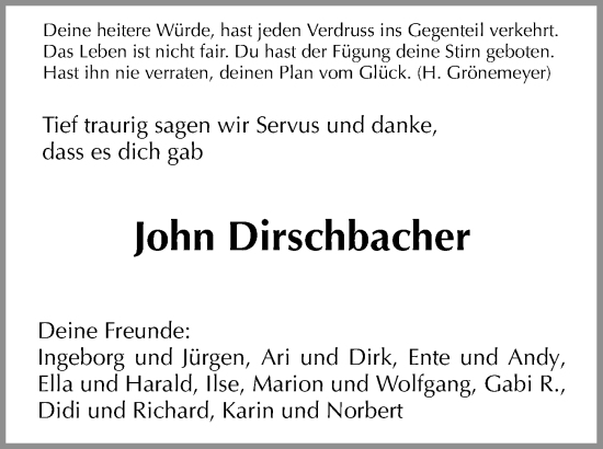 Traueranzeige von John Dirschbacher von Fürther Nachrichten Lokal