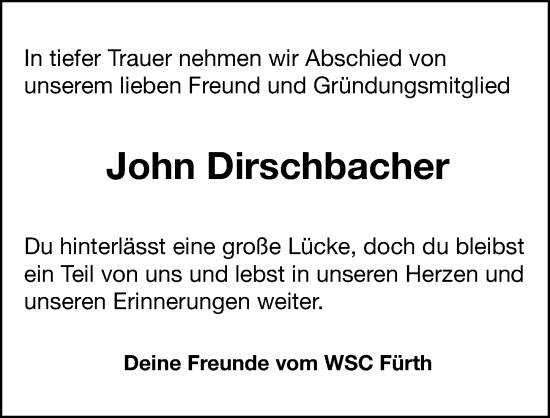 Traueranzeige von John Dirschbacher von Fürther Nachrichten Lokal