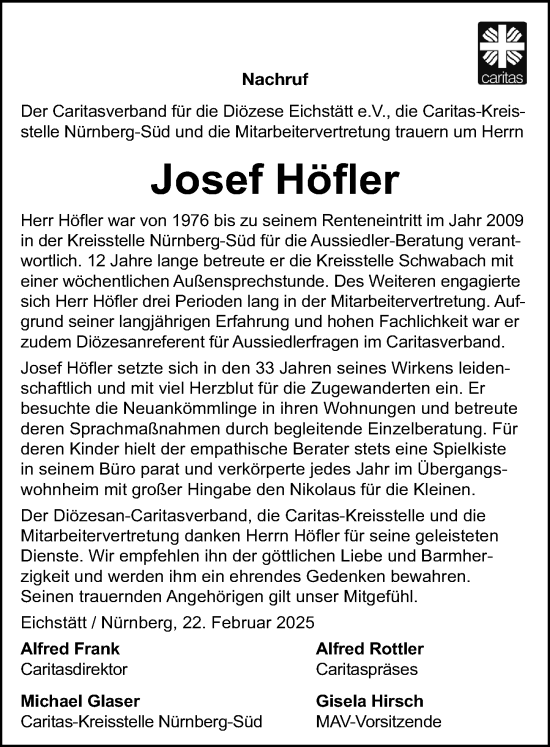 Traueranzeige von Josef Höfler von Gesamtausgabe Nürnberger Nachrichten/ Nürnberger Ztg.