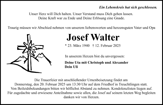 Traueranzeige von Josef Walter von Weißenburger Tagblatt u.Treuchtlinger Kurier Lokal