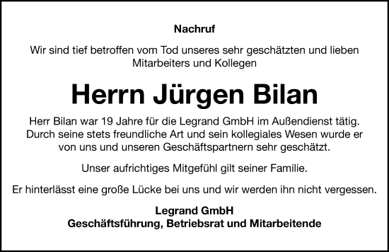 Traueranzeige von Jürgen Bilan von Fürther Nachrichten Lokal