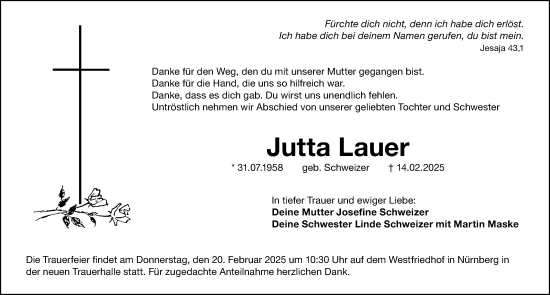 Traueranzeige von Jutta Lauer von Gesamtausgabe Nürnberger Nachrichten/ Nürnberger Ztg.