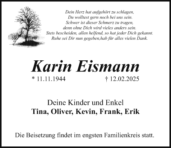 Traueranzeige von Karin Eismann von Gesamtausgabe Nürnberger Nachrichten/ Nürnberger Ztg.