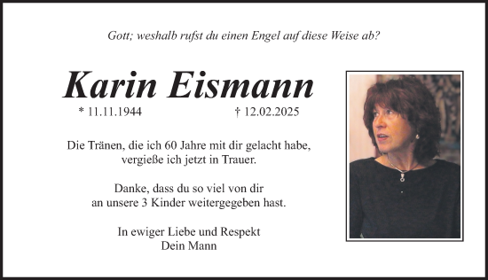 Traueranzeige von Karin Eismann von Gesamtausgabe Nürnberger Nachrichten/ Nürnberger Ztg.