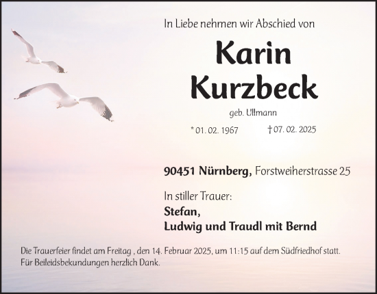 Traueranzeige von Karin Kurzbeck von Gesamtausgabe Nürnberger Nachrichten/ Nürnberger Ztg.