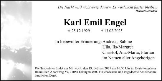 Traueranzeige von Karl  Engel von Gesamtausgabe Nürnberger Nachrichten/ Nürnberger Ztg.