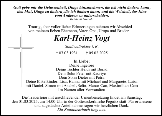 Traueranzeige von Karl-Heinz Vogt von Nordbayerische Nachrichten Pegnitz Lokal