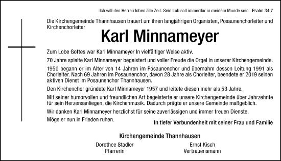 Traueranzeige von Karl Minnameyer von Altmühl-Bote Lokal