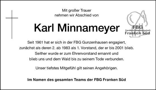 Traueranzeige von Karl Minnameyer von HWT,HAB