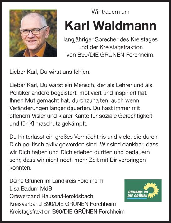 Traueranzeige von Karl Waldmann von Nordbayerische Nachrichten Forchheim Lokal