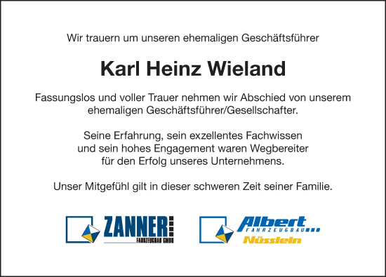 Traueranzeige von Karl Heinz Wieland von Gesamtausgabe Nürnberger Nachrichten/ Nürnberger Ztg.