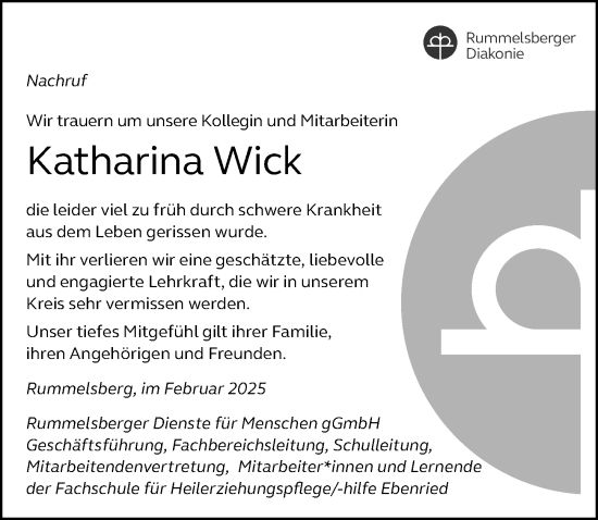 Traueranzeige von Katharina Wick von Gesamtausgabe Nürnberger Nachrichten/ Nürnberger Ztg.