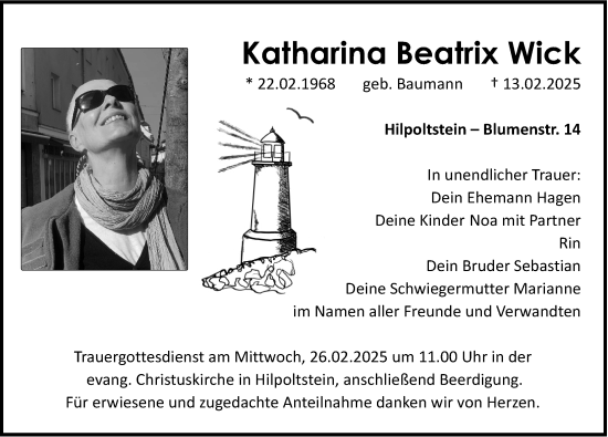 Traueranzeige von Katharina Beatrix Wick von Gesamtausgabe Nürnberger Nachrichten/ Nürnberger Ztg.