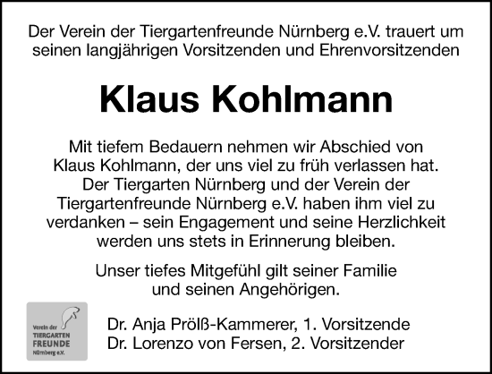 Traueranzeige von Klaus Kohlmann von Gesamtausgabe Nürnberger Nachrichten/ Nürnberger Ztg.