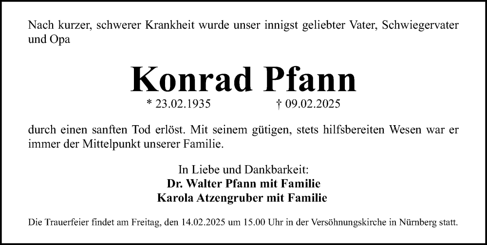  Traueranzeige für Konrad Pfann vom 13.02.2025 aus Gesamtausgabe Nürnberger Nachrichten/ Nürnberger Ztg.