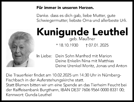 Traueranzeige von Kunigunde Leuthel von Gesamtausgabe Nürnberger Nachrichten/ Nürnberger Ztg.