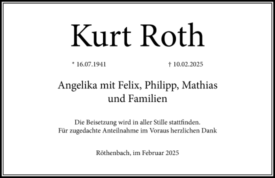 Traueranzeige von Kurt Roth von Gesamtausgabe Nürnberger Nachrichten/ Nürnberger Ztg.