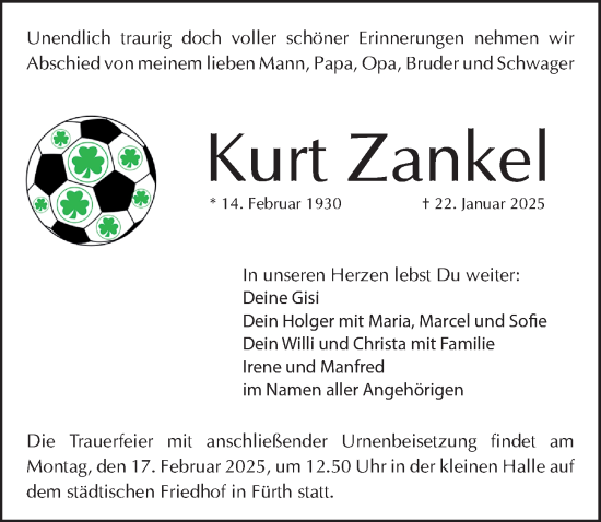 Traueranzeige von Kurt Zankel von Fürther Nachrichten Lokal