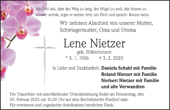 Traueranzeige von Lene Nietzer von Gesamtausgabe Nürnberger Nachrichten/ Nürnberger Ztg.