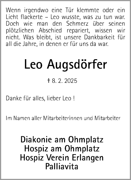 Traueranzeige von Leo Augsdörfer von Erlanger Nachrichten Lokal